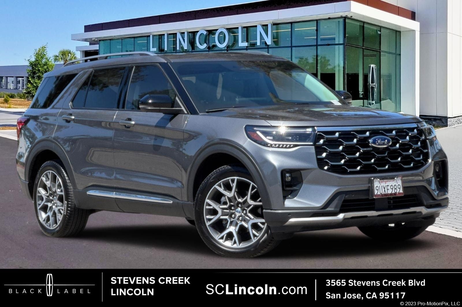 2025 Ford Explorer Platinum in Gray Metallic — front three-quarter view